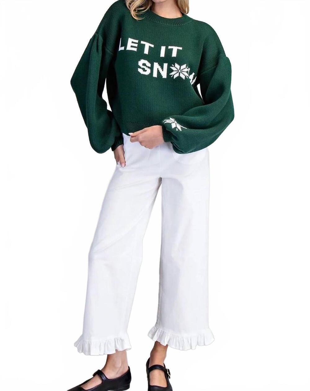 NEW EE:SOME women's snowflake detail balloon sleeve sweater in green